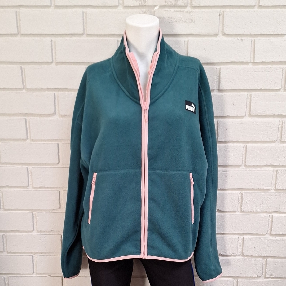 Puma Polar Fleece Teal Jacket with Pink Accents Zip-Up Jacket. Size Medium NWT